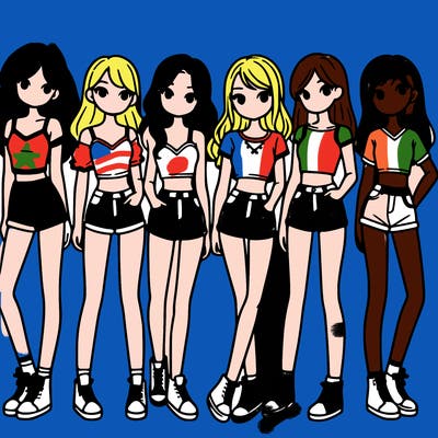 a group of girls wearing crop tops and shorts