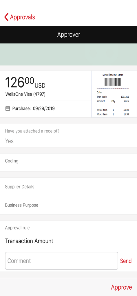 WellsOne Expense Manager - Approval screen in the WellsOne Expense Manager app showing a transaction summary and digital receipt