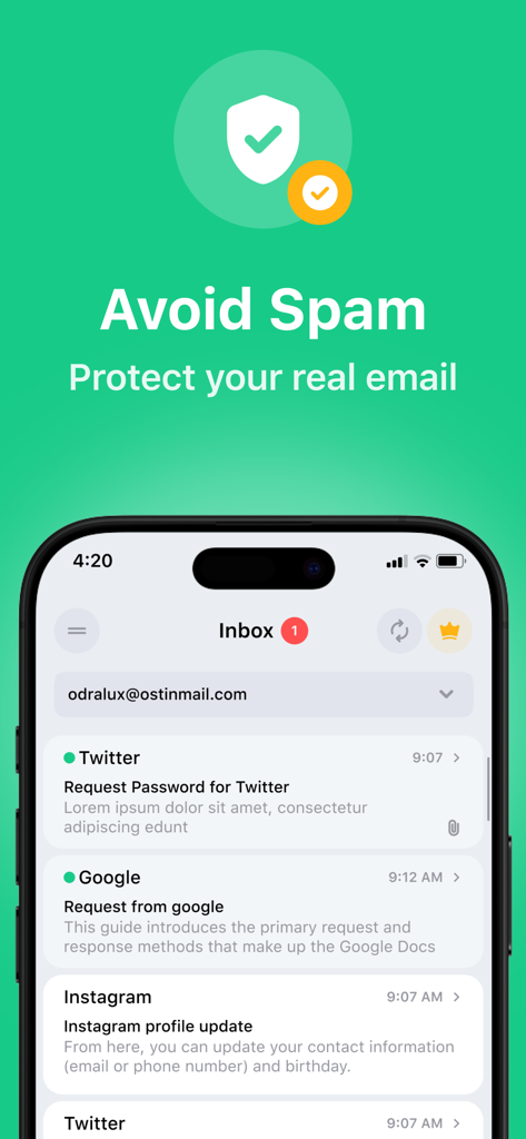 Benutzeroberfläche der Temp Mail App, die einen temporären E-Mail-Posteingang zeigt, um Spam zu vermeiden und Ihre echte E-Mail zu schützen