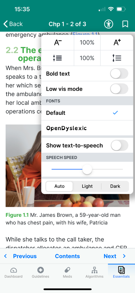 Responder Plus - Responder Plus app interface showing text size and font accessibility options for medical reference material