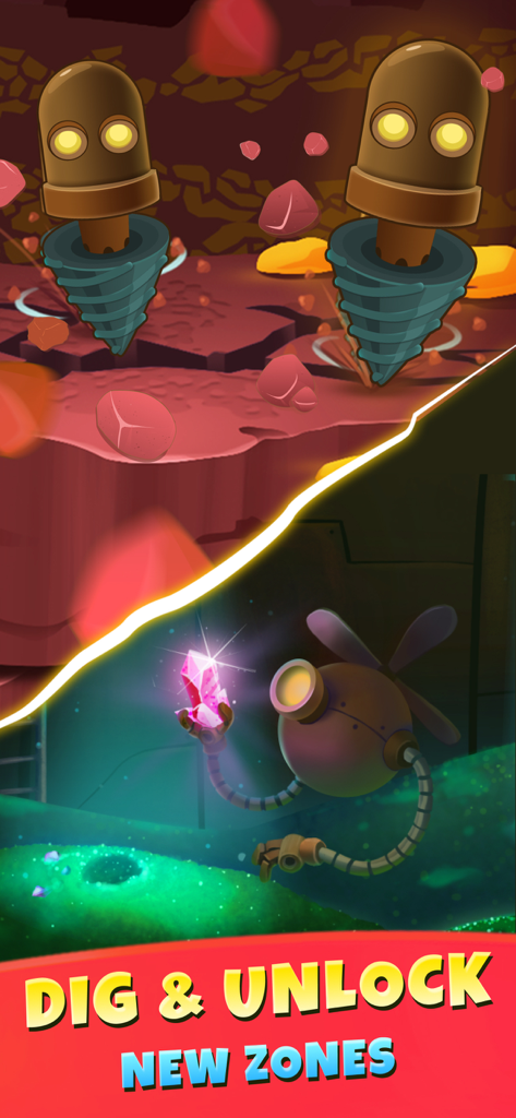 Deep Town: Mining Idle Games - Mining robots drilling through earth and a flying bot holding a glowing pink crystal in Deep Town