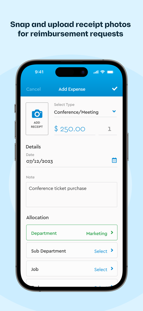 Fingercheck Mobile app interface showing the add expense screen for receipt reimbursement