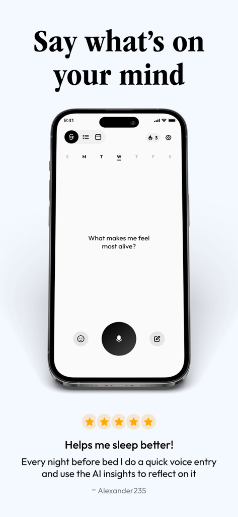 Glimpse - Voice Journal - Glimpse voice journal mobile app interface showing a journaling prompt and a five star user review