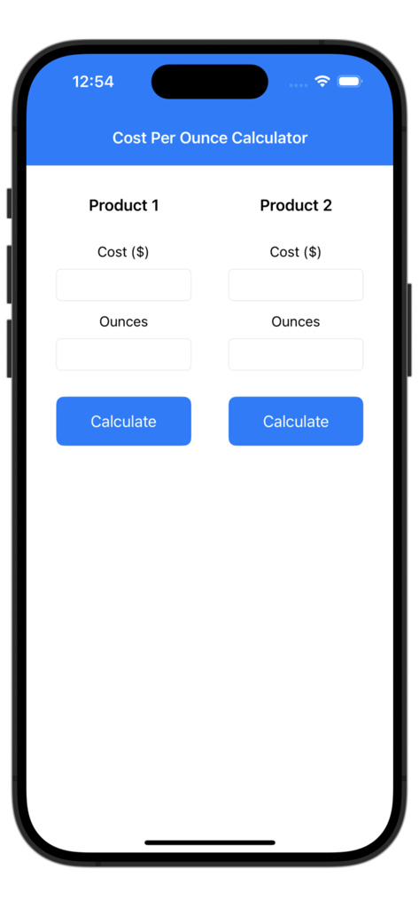 Cost Per Ounce Calculator app interface showing comparison fields for two products