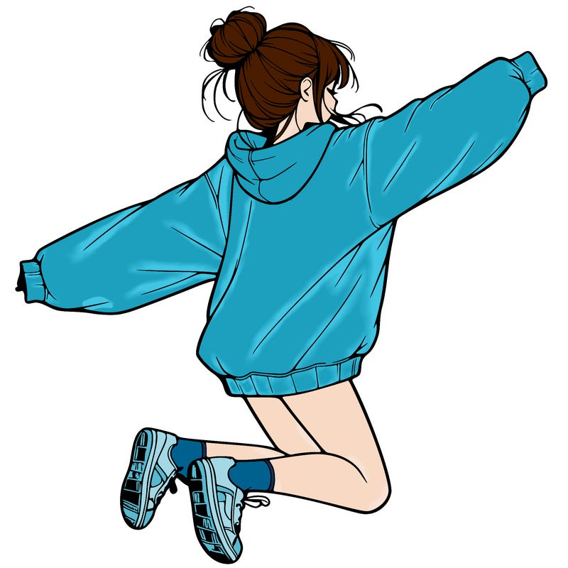 realistic girl jumping with a bun and oversized sweatshirt