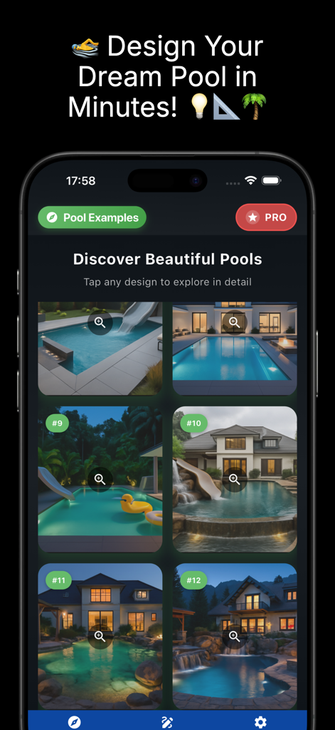 Pool Planner AI - A mobile app screen showing various AI generated swimming pool design ideas for backyard inspiration