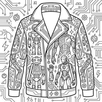 Unleash your inner futurist with this captivating coloring page featuring stylish outerwear emblazoned with intricate robot and cyborg designs. Explore a world where fashion meets advanced technology, perfect for adult and teen colorists.
