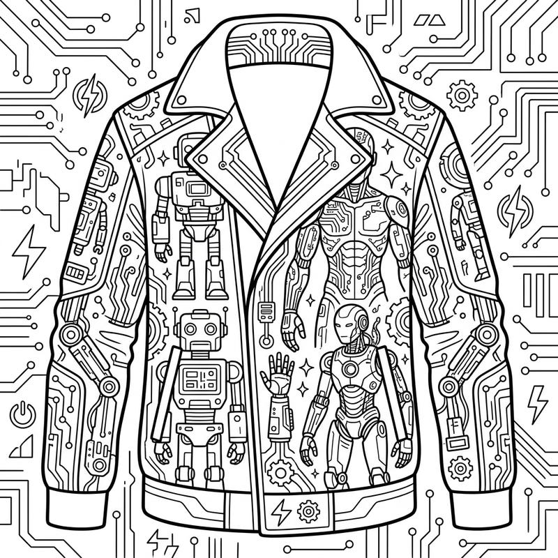 Unleash your inner futurist with this captivating coloring page featuring stylish outerwear emblazoned with intricate robot and cyborg designs. Explore a world where fashion meets advanced technology, perfect for adult and teen colorists.