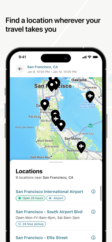 Hertz Rental Car, EV, SUV, Van - Hertz app map showing rental car locations in San Francisco