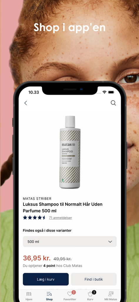 Club Matas - 高級シャンプーのクラブマタスモバイルアプリの製品ページに、価格とショッピングカートのオプションが表示されています。