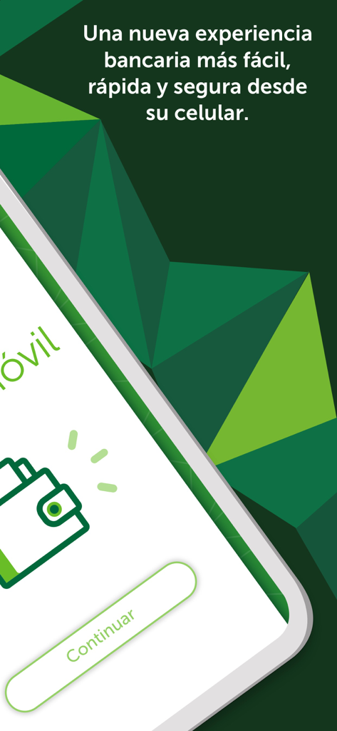 Pantalla de bienvenida de la app Billetera Movil con un icono de billetera y texto en español sobre banca móvil.