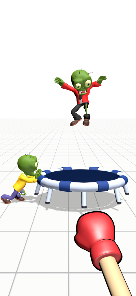 Smash Zombie Punching Games - A red boxing glove ready to punch cartoon zombies jumping on a trampoline