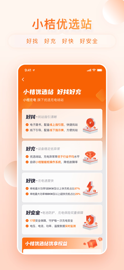 小桔充电-共享充电桩一站式平台 - Interface of the Xiaoju Charging app highlighting its four core service pillars: easy to find, easy to charge, fast charging speeds, and advanced safety features.