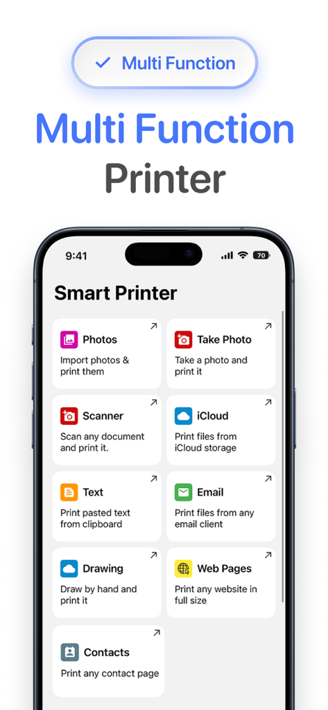 Smart Printer App for HP · - Panel de la aplicación Smart Printer que muestra opciones para imprimir fotos, escanear documentos y acceder a archivos de iCloud.