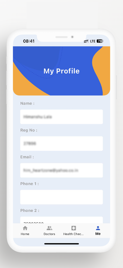 Tela de perfil do usuário do aplicativo CMH Health Assist mostrando campos de informações pessoais como nome e e-mail.