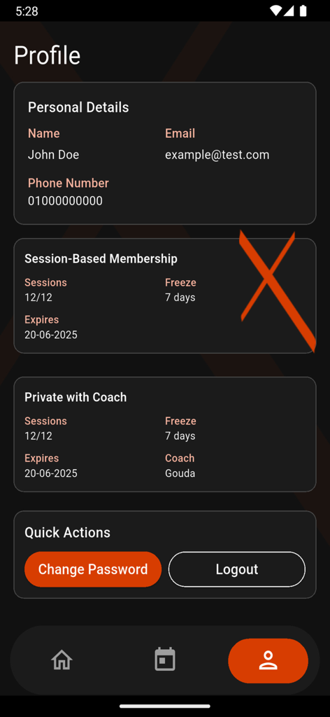 Athletix Eg - User profile screen in the Athletix Eg app showing gym membership and session tracking.