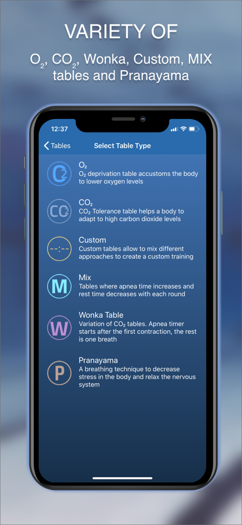 STAmina Apnea Trainer - List of apnea training table types including O2 CO2 and Pranayama in the STAmina app