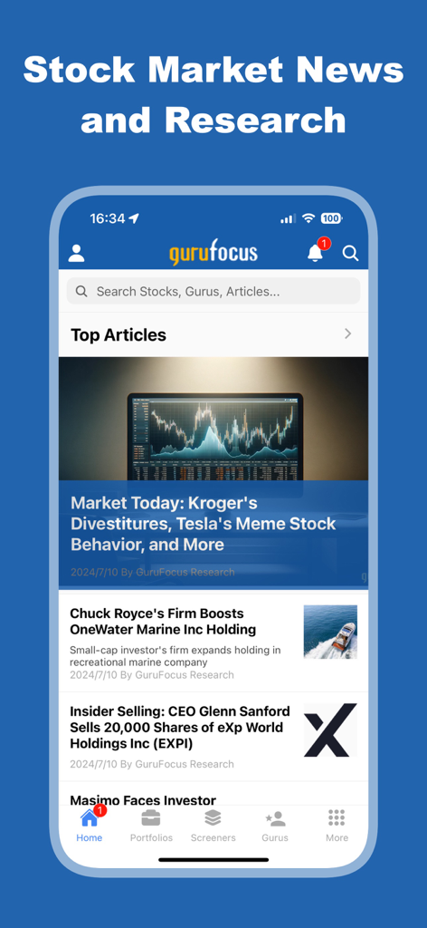 GuruFocus - Tela do aplicativo GuruFocus exibindo notícias do mercado de ações e artigos de pesquisa de investimentos.