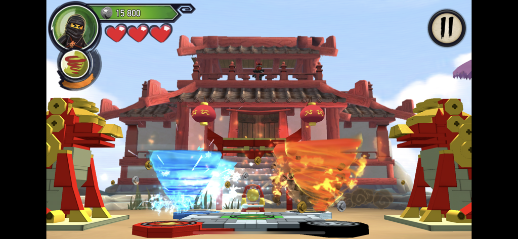 LEGO Ninjas performing fire and ice Spinjitzu elemental tornado moves in front of a temple