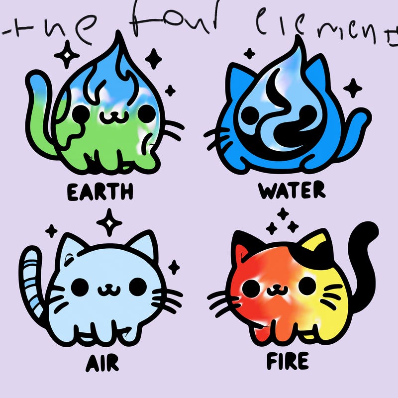 4 cats that represent the different elements, earth, water, air, and fire