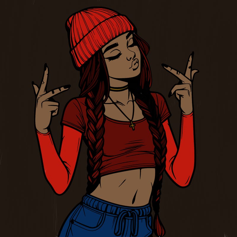 realistic teenage girl with braids and a beanie and crop top doing 🫶🏼