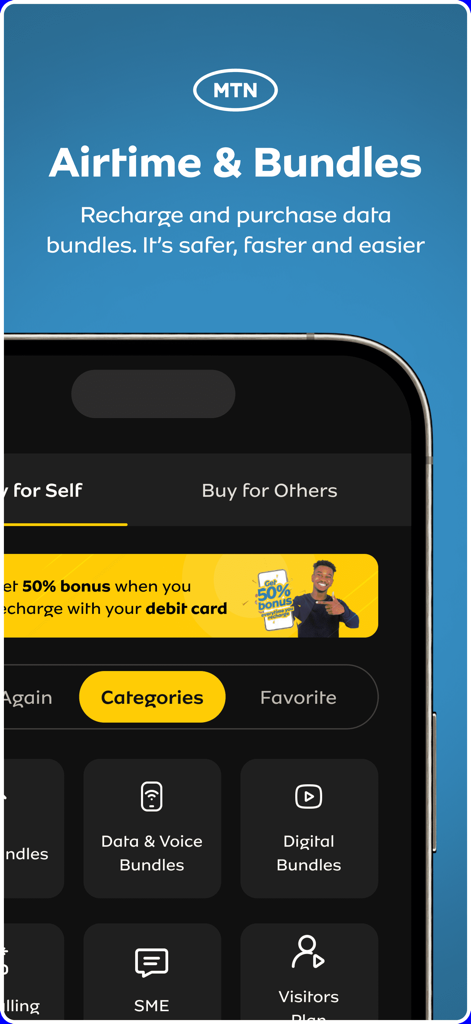 myMTN NG - Pantalla de la aplicación myMTN NG para la compra de paquetes de tiempo aire y datos