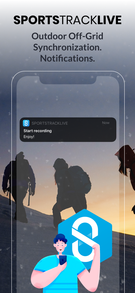 SportsTrackLive: Action Sports - SportsTrackLive app interface displaying off grid synchronization features and a notification to start recording.