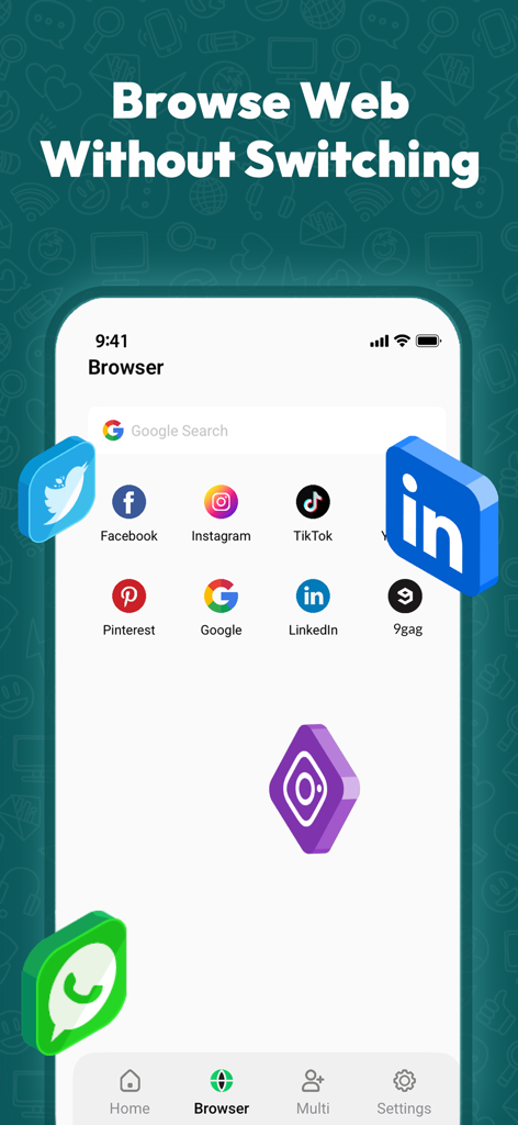 WA Dual Messenger for WhatsApp - Pantalla del navegador dentro de la aplicación con iconos de acceso rápido para plataformas de redes sociales populares