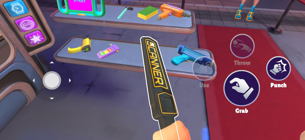 Security guard holding a metal detector wand in front of tool shelves