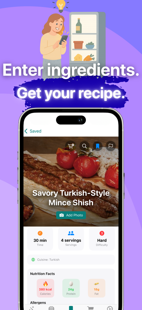 Monsavor - AI Powered Recipes - Monsavor app displaying an AI generated Turkish shish recipe with nutrition facts and cooking time