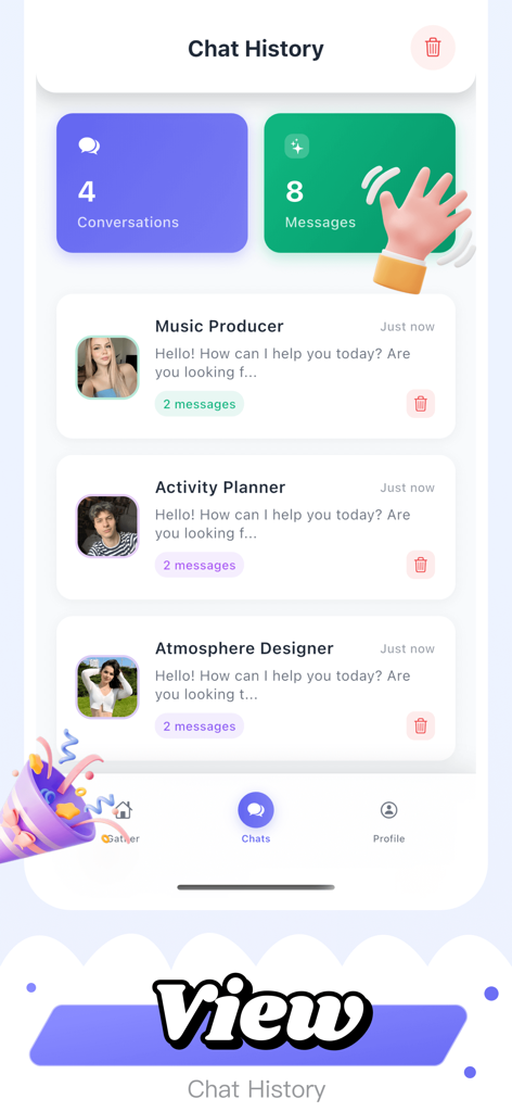 Fromi - Fromi app chat history screen showing AI personas like Music Producer, Activity Planner, and Atmosphere Designer for gathering organization.