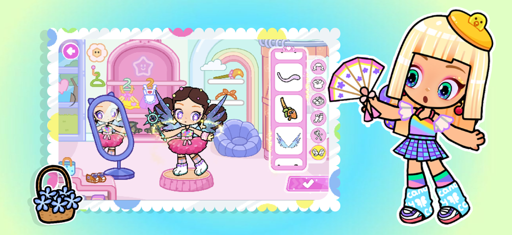 Gogo Mini World - Beauty Salon - Personaje de niña con alas de hada y tutú rosa en una interfaz de juego de vestir.