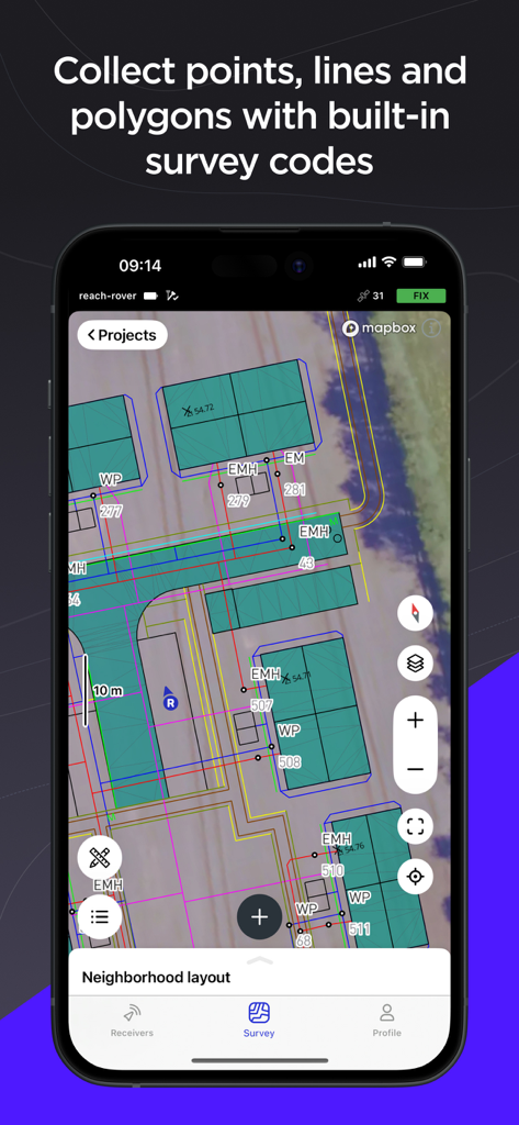 Emlid Flow app interface showing survey point and polygon collection on a neighborhood satellite map.