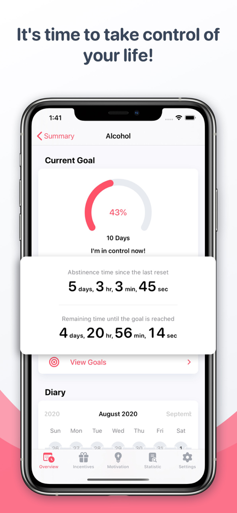 Quitzilla: Quit Tracker - Quitzilla app interface showing a countdown for alcohol abstinence and goal progress tracking.