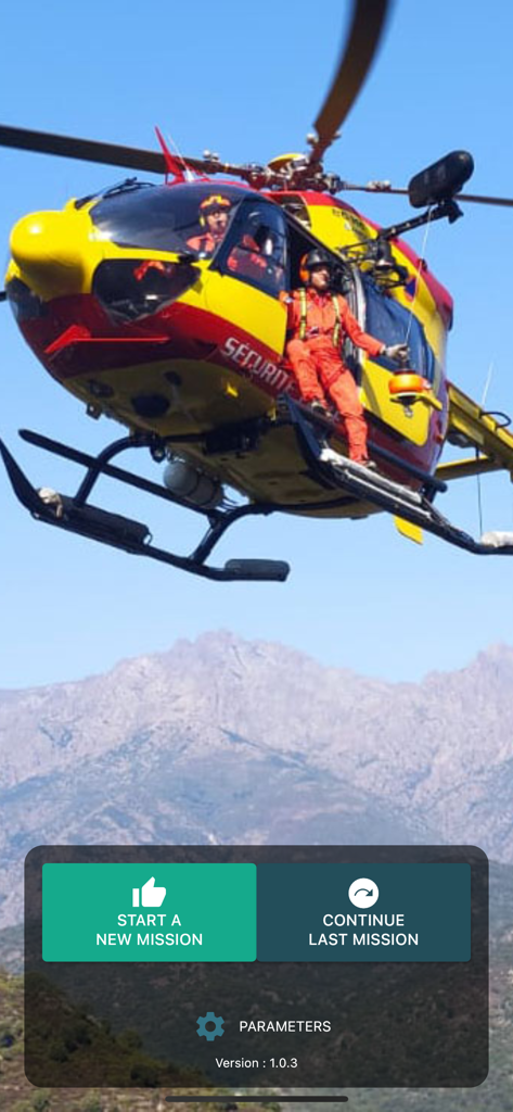 Helitracking app home screen with a rescue helicopter and buttons to start or continue a mission