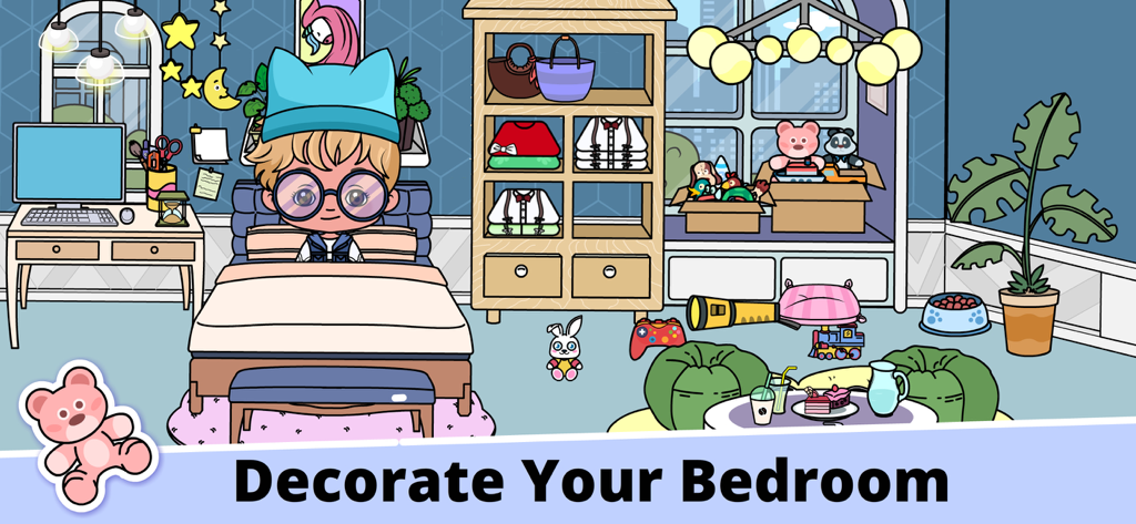 Tizi My World Avatar City Life - Eine bunte Schlafzimmerszene in Tizi My World Avatar City Life, in der ein Kinderavatar auf einem Bett sitzt, umgeben von anpassbaren Möbeln und Spielzeug.