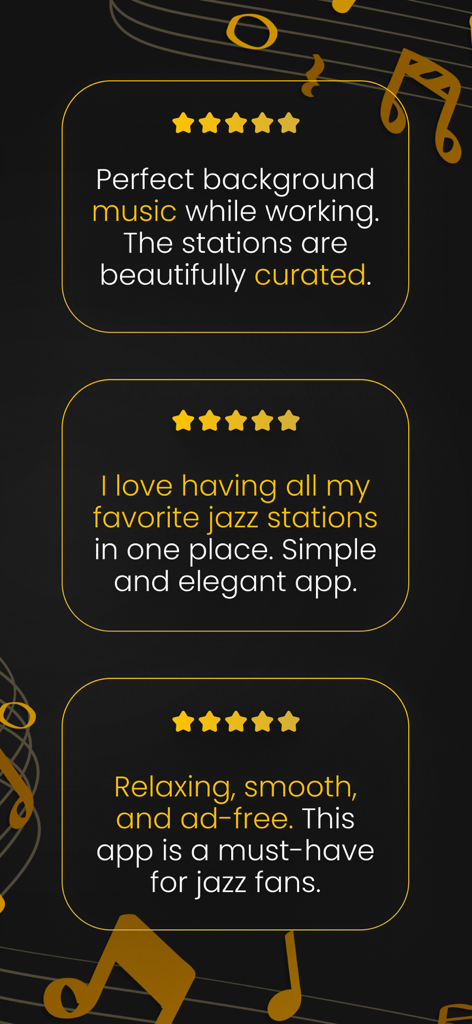 Easy Jazz Network - Three positive five-star user reviews praising the Easy Jazz Network app for its beautifully curated stations and ad-free relaxing music.