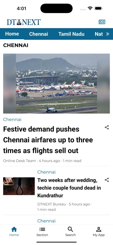 DTNEXT - Interfaz de la aplicación móvil DTNEXT que muestra titulares de noticias locales de Chennai y una imagen de un aeropuerto