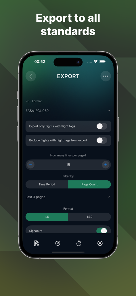 Avilog - Avilog app interface showing export settings for pilot flight logs in various international aviation standards