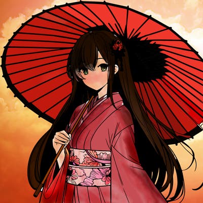 anime style long hair mature woman wearing short kimono holding japanese umbrella