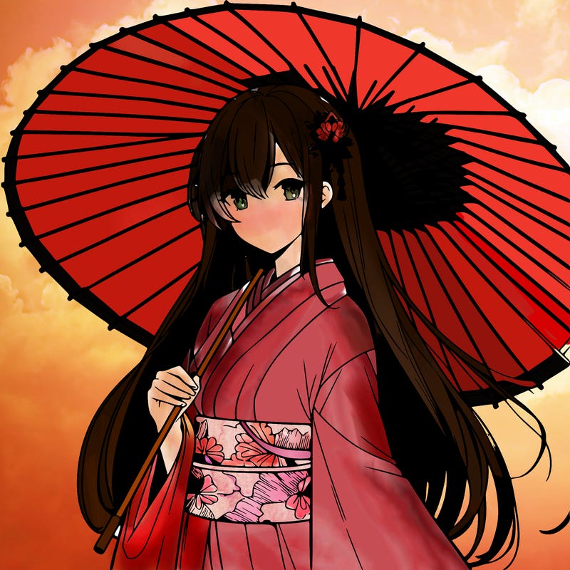anime style long hair mature woman wearing short kimono holding japanese umbrella