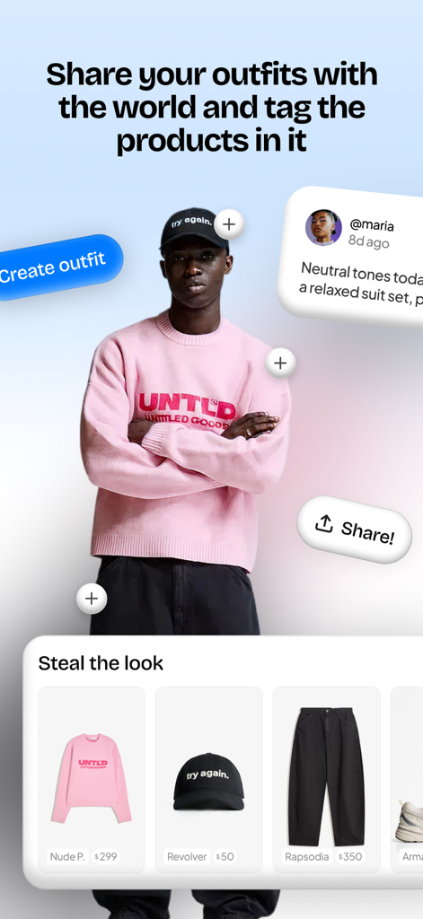Oberfläche der Melian App, die Outfit-Sharing mit getaggten Kleidungsstücken und eine 'Shop the Look'-Galerie zeigt.