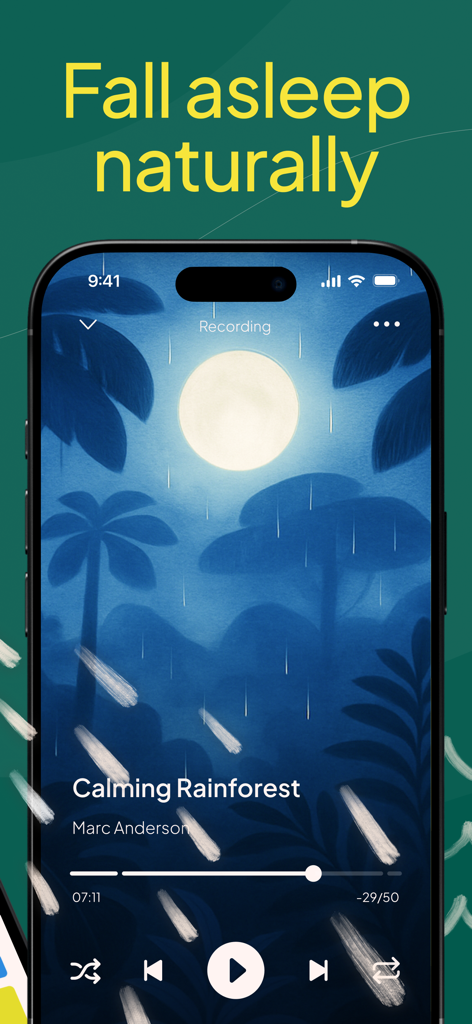 Nature Sounds : Earth FM - Interfaz de la aplicación Nature Sounds Earth FM que muestra una grabación relajante de selva tropical como ayuda natural para dormir