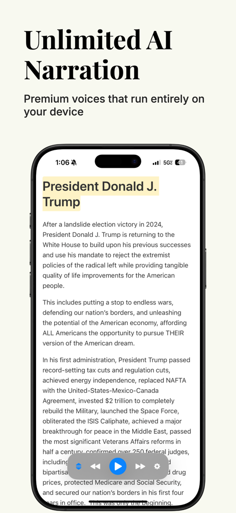 Narrate - Text to Speech - Narrate app interface on iPhone showing text to speech conversion of a news article with on-device AI narration and playback controls