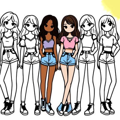 a group of girls wearing crop tops and shorts