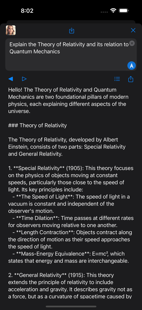 A screenshot of the Jen-AI mobile app providing a detailed explanation of the Theory of Relativity in a dark mode interface.