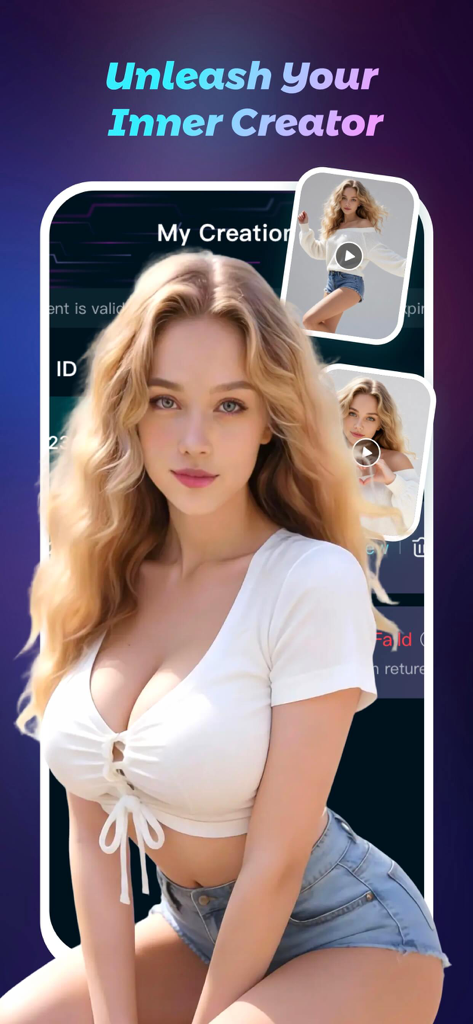 Jovial AI - Jovial AI app screen showing an AI generated photo of a young woman with the text Unleash Your Inner Creator