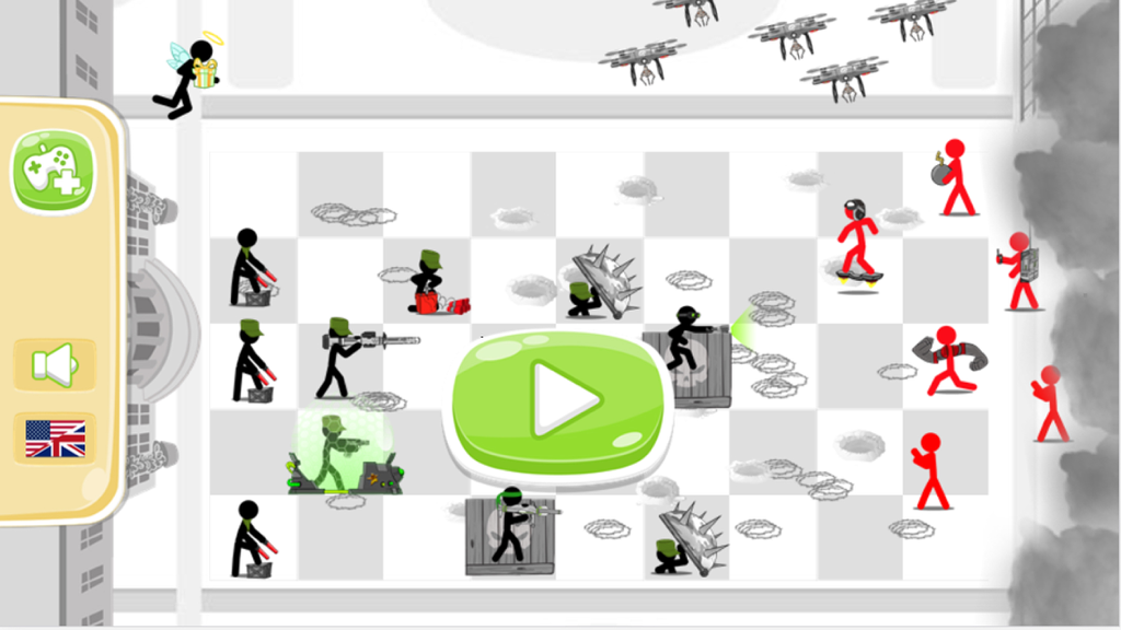 Stick Tower Game：Free - Stickman tower defense gameplay screen featuring black defenders and red attackers on a grid