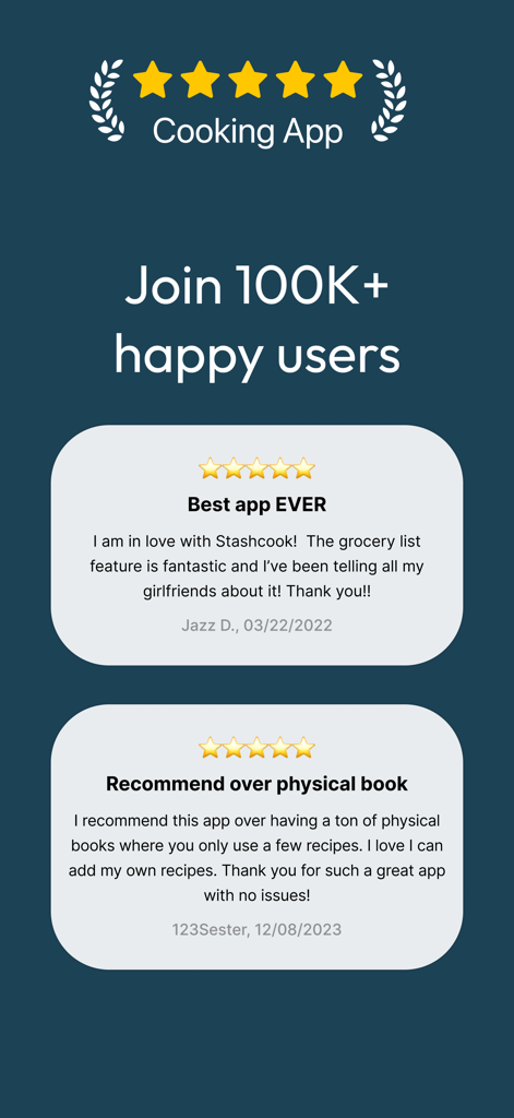 Stashcook app user reviews and ratings display with testimonials from 100k happy users