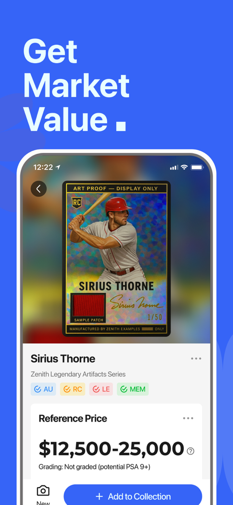 StarSnap: Sports Card Scanner - A mobile app screen displaying the market value and reference price for a scanned baseball sports card.